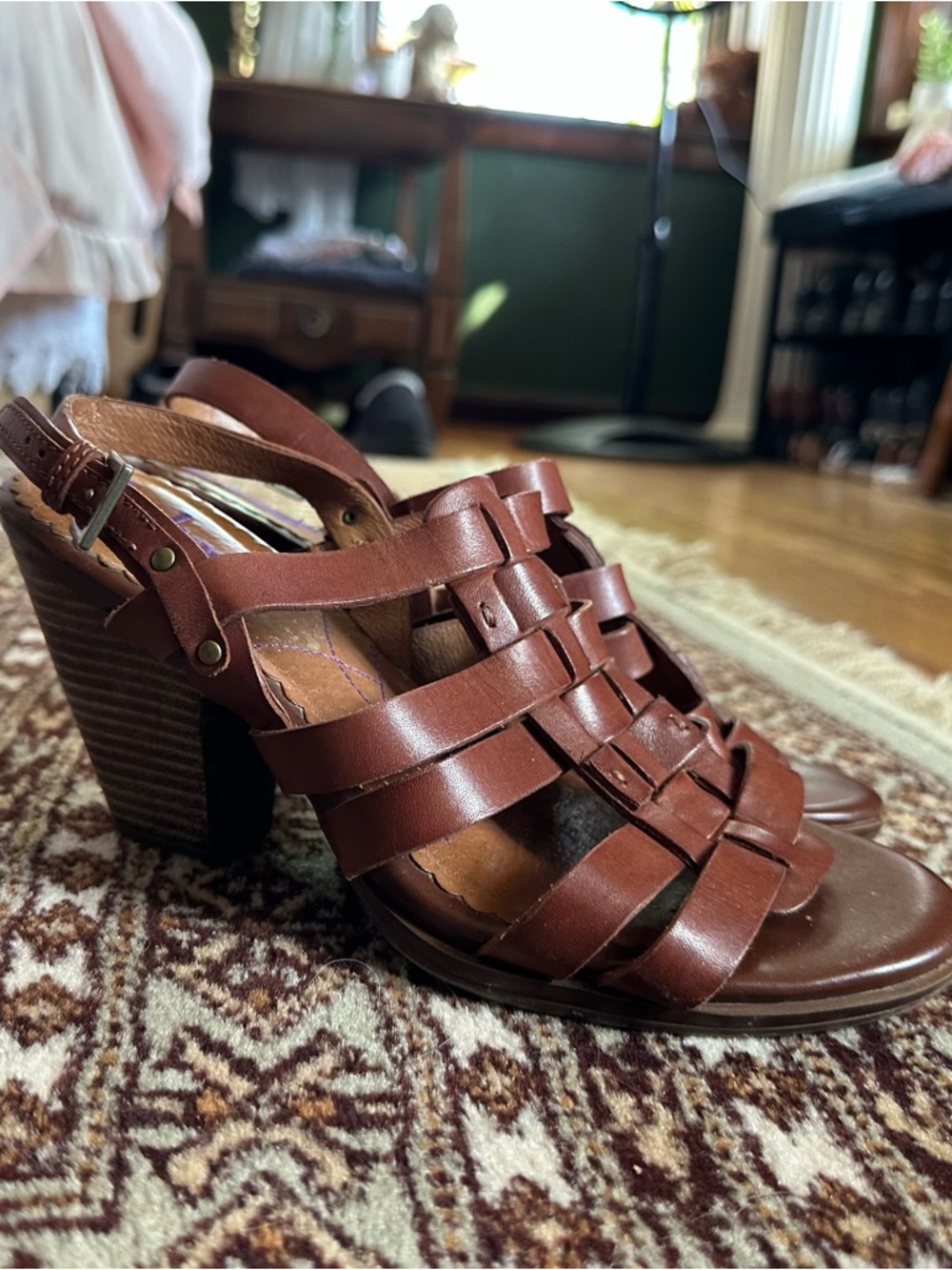 Indigo Brown Leather Strappy Block Heel Sandals